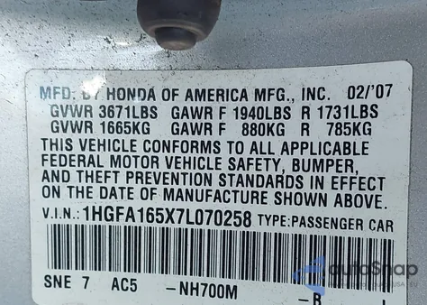 2007 Honda Civic Lx z USA, uszkodzony, nr VIN 1HGFA165X7L070258